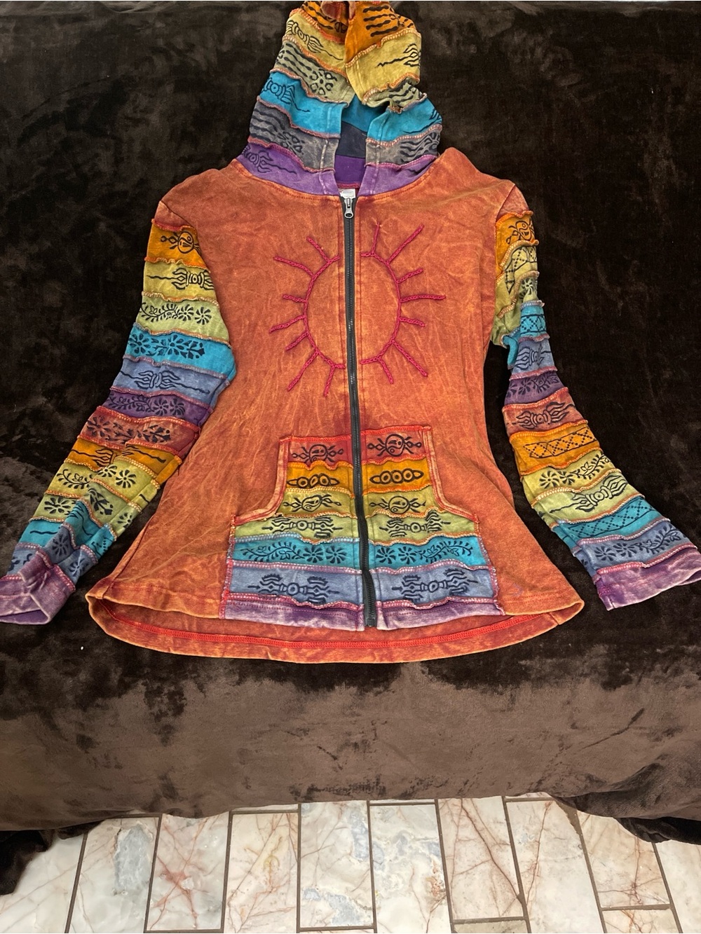 Greater Good Network Sunshine Daydream Boho Patchwork Sun Zip Up Hoodie L/XL 197